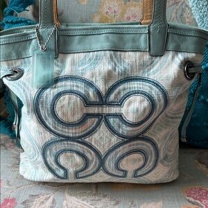 Coach Audrey Op Art Swirl Leigh Slim Line Tote Bag Blue White EUC